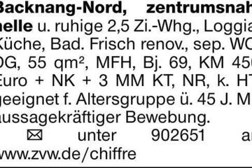 Backnang-Nord, zentrumsnah, helle u. ruhige 2,5 Zi.-Whg., Loggia, Küche,...