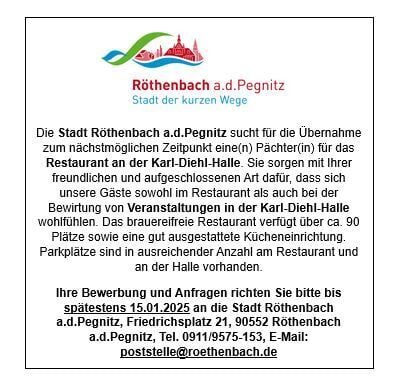 Pächter für Restaurant in der Karl-Diehl-Halle in Röthenbach a.d. Pegnitz gesucht