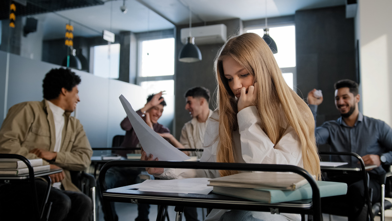 Mädchen sitzt nachdenklich in der Schule