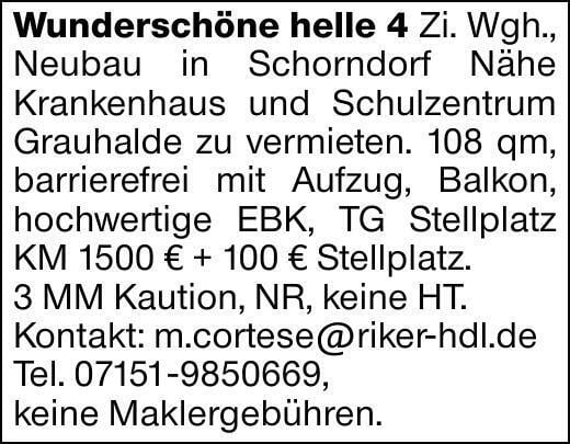 Wunderschöne helle 4 Zi. Wgh., Neubau in Schorndorf Nähe Krankenhaus und...