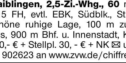 Waiblingen, 2,5-Zi.-Whg., 60 m², in 5 FH, evtl. EBK, Südblk., Stpl., schöne...