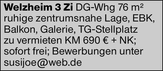 Welzheim 3 Zi DG-Whg 76 m²ruhige zentrumsnahe Lage, EBK,Balkon, Galerie,...