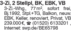 Renovierte helle 3- Zi. Wohnung,2 Stellpl.,Balkon,Keller,frei,PRIVAT,VB