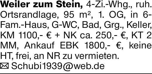 Weiler zum Stein, 4-Zi.-Whg., ruh. Ortsrandlage, 95 m², 1. OG, in 6- Fam.-Haus,...