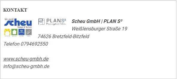Logo der Scheu GmbH, Adresse: Weißlensburger Straße 19, 74626 Bretzfeld-Bitzfeld, Telefon 0794692550. Website www.scheu-gmbh.de. E-Mail: info@scheu-gmbh.de