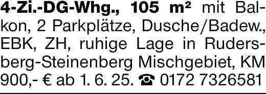 4-Zi.-DG-Whg., 105 m² mit Balkon, 2 Parkplätze, Dusche/Badew., EBK, ZH,...