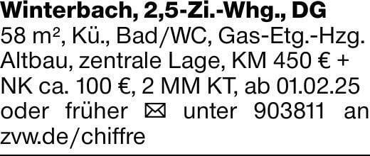 Winterbach, 2,5-Zi.-Whg., DG58 m², Kü., Bad/WC, Gas-Etg.-Hzg.Altbau, zentrale...