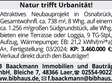 Natur trifft Urbanität! Attraktives Neubauprojekt in Osnabrück, Gesamtwohnfl. ca. 738 m², 8 Whg. auf einem ca. 1.256 m²…
