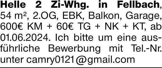 Helle 2 Zi-Whg. in Fellbach. , 54 m²; 2.OG, EBK, Balkon, Garage, 600€ KM...