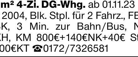 80m² 4-Zi. DG-Whg. ab 01.11.23Bj. 2004, Blk. Stpl. für 2 Fahrz., FBH, EBK,...