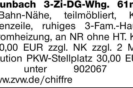 Grunbach 3-Zi-DG-Whg. 61m², S-Bahn-Nähe, teilmöbliert, Küchenzeile, ruhiges...