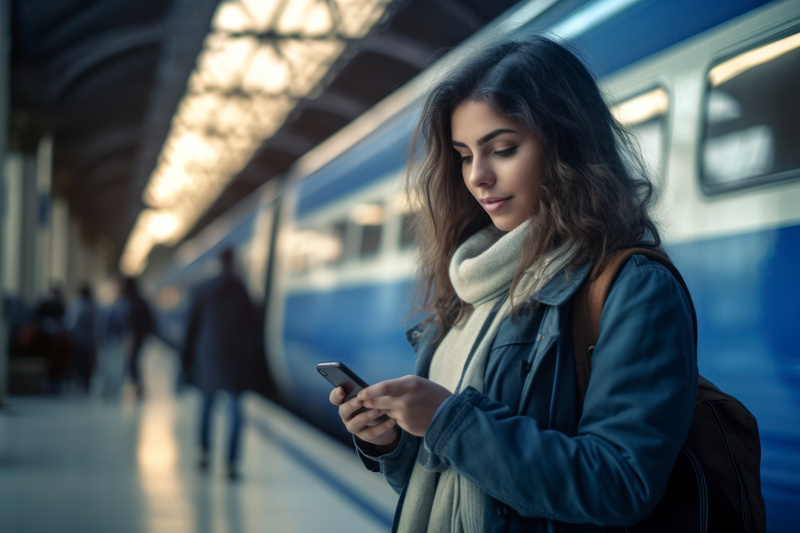 junge Frau steht mit Handy in der Hand vor Zug.