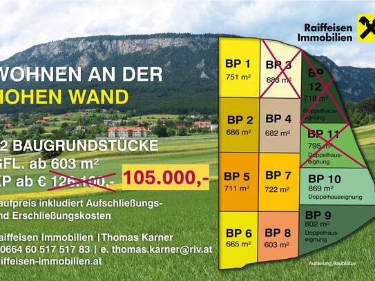 Wohnen an der Hohen Wand - noch 10 Grundstücke, zum Teil auch für Doppelhäuser!
