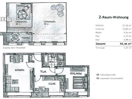 2-Raum-Wohnung mit Terrasse und Gartenanteil - Sachnummer 5716