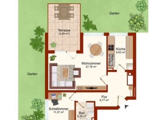 Möblierte 2-Zimmer-Wohnung mit Terrasse, Garten und neuer Ausstattung – Erstbezug nach Sanierung in Süd-Berlin