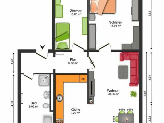 3-Raum-Wohnung mit großer Wohnküche