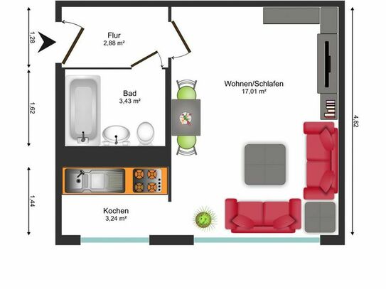 1-Raum-Wohnung mit EBK, für Azubis und Studis