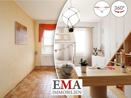 Vielfältiges Zuhause für Generationen: Haus mit üppigem Obstgarten und Panoramablick auf Felder