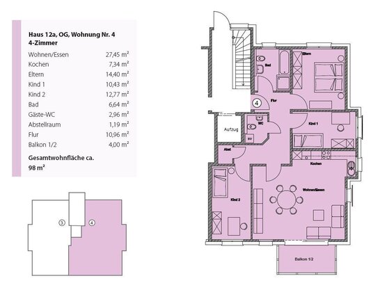 4 Zimmerwohnung ca. 98m² im Obergeschoss mit Tiefgarage und Stellplatz