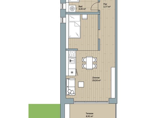 1 Zi. Apartment im Gartengeschoss mit Terrasse in HHL Tübingen