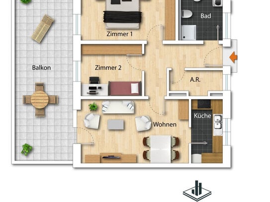 3-Zimmer-Wohnung mit großem Balkon