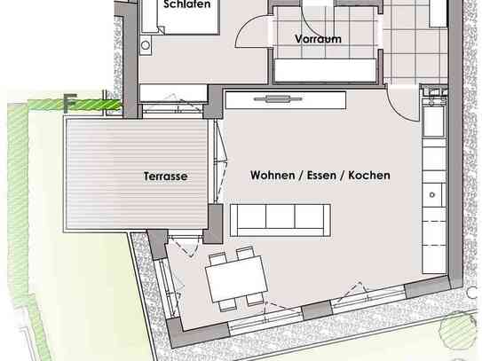 Erstbezug in zentral gelegener 2-Zimmer-Wohnung mit sonniger Terrasse und Garten