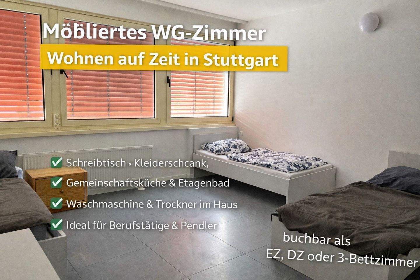 WG-Zimmer im Gästehaus mit WLAN, Etagen-Dusche/WC & Gemeinschaftsküche, Waschmaschine + Trockner
