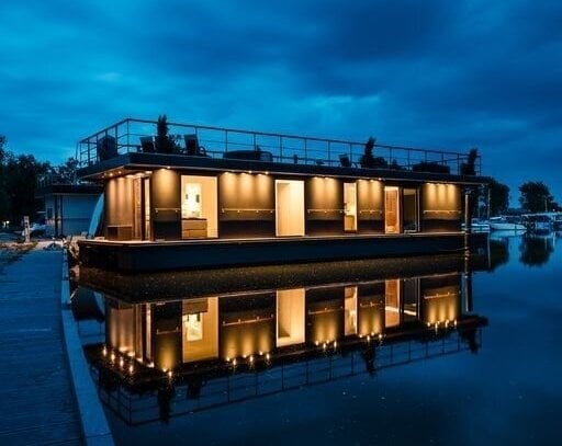 LUXUS Hausboot - 3 Etagen - 100m² Wohnen + 120 m² SONNENTERRASSE - Kamin, Kino, komplett individuell