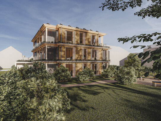 Gartenwohnung im Vollholzhaus mit Süd-Terrasse, Tageslicht-Badezimmer und bodentiefen Fenstern