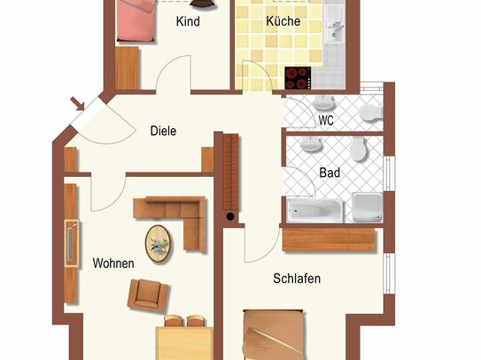 Schöne helle 3-Zimmer-Wohnung mit Einbauküche, Balkon und Extra Zimmer im Dachgeschoss. Sofort bezugsfrei!