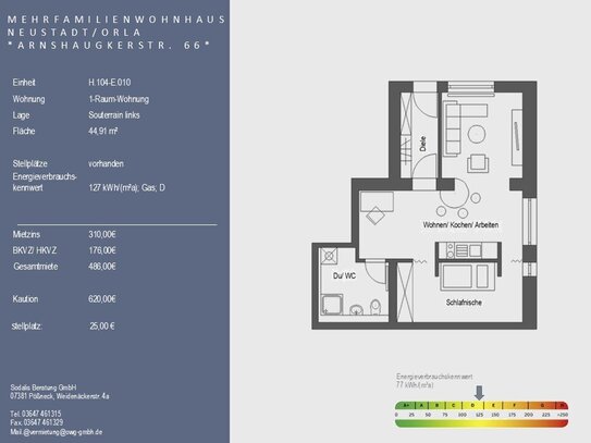 1-Raum-Wohnung mit Gartennutzung