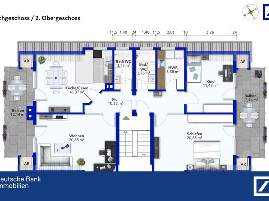 Hier dürfen Sie einziehen: 3,5- bzw. 4-Zimmer, 2 Balkone, 2 Bäder, 2 Außenstellplätze