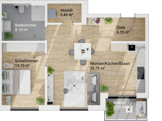 Haus A, Wohnung 7, Obergeschoss, 2-Zimmer