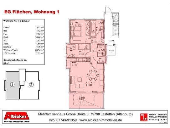 3 Zimmerwohnung EG-Whg. 1 mit Terrasse ca. 89 m² mit Lift, Klimafreundlicher Neubau- Jestetten Altenburg