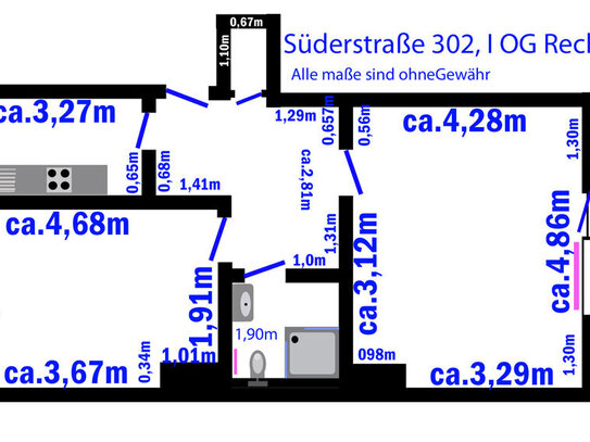 2 Zi.-Whg., ca. 54,88m², Duschbad, Einbauküche,