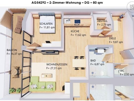 Möblierte 2-Zimmer-Dachgeschoss-Wohnung mit Balkon in zentraler Lage in Kaufbeuren