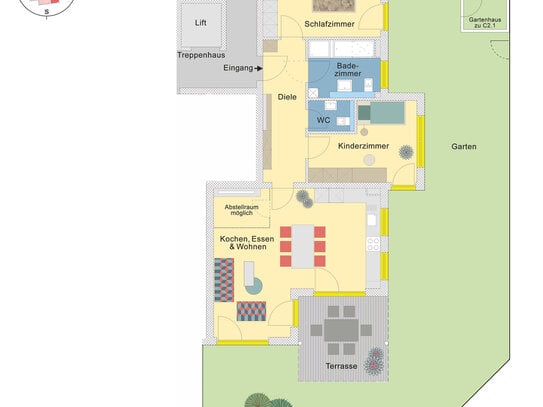 Gartenwohnung mit Südausrichtung und Gartenhaus, Gäste WC oder Abstellraum, Tageslichtbad | C2.1