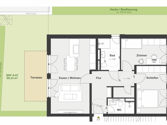 A-01 Erdgeschoss - 3 - Zimmer Garten Wohnung mit Terrasse