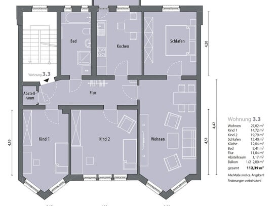 4-Raum-Wohnung im Stadtzentrum mit Dusche, Wanne und Balkon