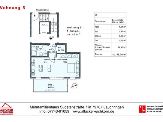 1 Zi. OG mit Balkon ca.46 m² - Wohnung 5 - Sudetenstr. 7, 79787 Lauchringen - Neubau