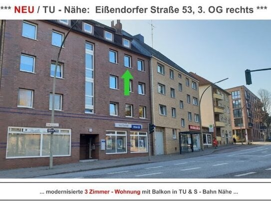 TU - Nähe: 3 Zimmer, 72 qm, Wärmedämmung, große Küche, Südbalkon zum Innenhof