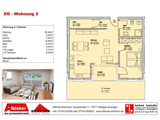 2 Zi. EG mit Terrasse ca. 75 m² - Wohnung 2 - Hauptstr. 71, 79771 Klettgau-Erzingen - Neubau