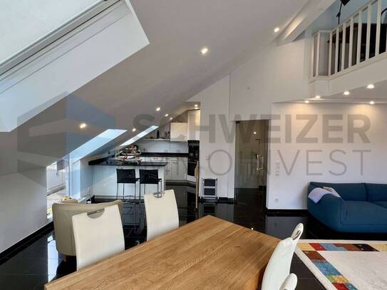 Herrlicher Ausblick! Extravagante 3½-Zimmer-Maisonette mit Galerie, Dachterrasse, Balkon!