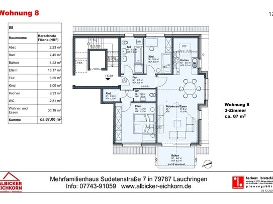 3 Zi. DG mit Balkon ca.87 m² - Wohnung 8 - Sudetenstr. 7, 79787 Lauchringen - Neubau