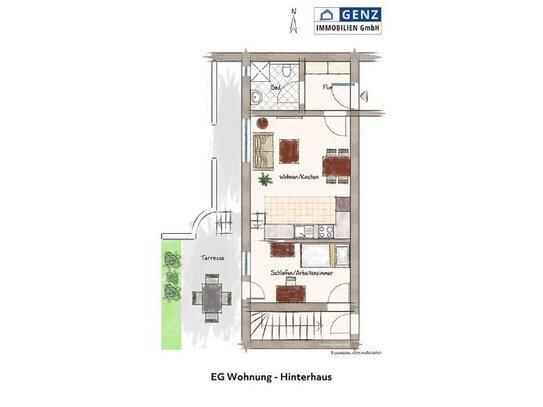 Vermietung einer 2 Zimmer Single-Wohnung, EG ca. 39,50 m², Terrasse und Gartenanteil in einem Wohnhaus mit 3 Wohneinhei…