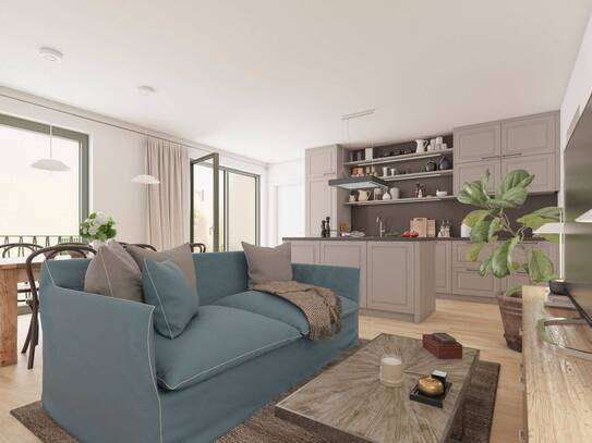 Erstbezug - Neubau Effizienzhaus 40 Plus I 3 Zimmer im Hinterhaus I Balkon & Terrasse mit Grünfläche