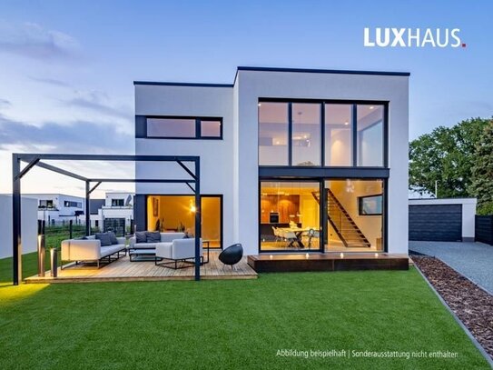 LUXHAUS Flachdach mit Glasfasade individuell planbar! 132m² Schlüsselfertig 100% Wohlfühlklima – 100% Design