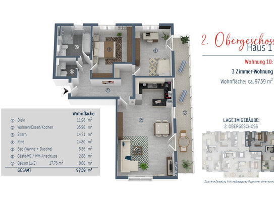 Große 3-Zimmerwohnung mit Gäste-WC und Tageslichtbad (Wanne+Dusche)