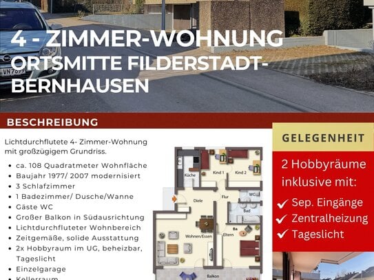 Freie 4-Zimmer-Wohnung / großer überdachter Balkon / 2 Hobbyräume beheizbar mit Tageslicht / Garage