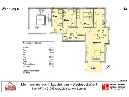 3 Zi. OG mit Balkon ca. 93 m² - Wohnung 6 - Siegfriedstr. 4, 79787 Lauchringen - Neubau